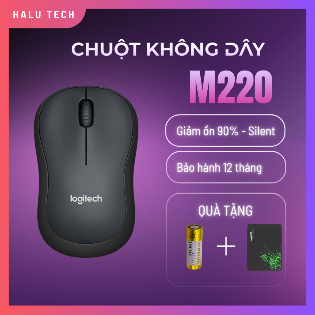 Chuột Không Dây Logitech M220, Chuột Máy Tính Silent Click Êm Pin Lâu Tặng Kèm Pin Và Lót Chuột HALU TECH