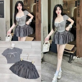 Set Bộ Đồ Nữ Áo Croptop Tăm Zip Ôm Body Cổ Vuông Viền Ren Đính Nơ Mix Chân Váy Xòe Phồng Nơ Đính Nổi Freesize