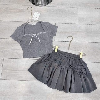Set Bộ Đồ Nữ Áo Croptop Tăm Zip Ôm Body Cổ Vuông Viền Ren Đính Nơ Mix Chân Váy Xòe Phồng Nơ Đính Nổi Freesize