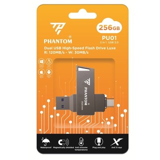 USB 3.0 OTG PHANTOM PU01 256GB Cổng USB và TypeC cho Máy Tính / Điện Thoại - Vỏ Kim Loại (Xám)