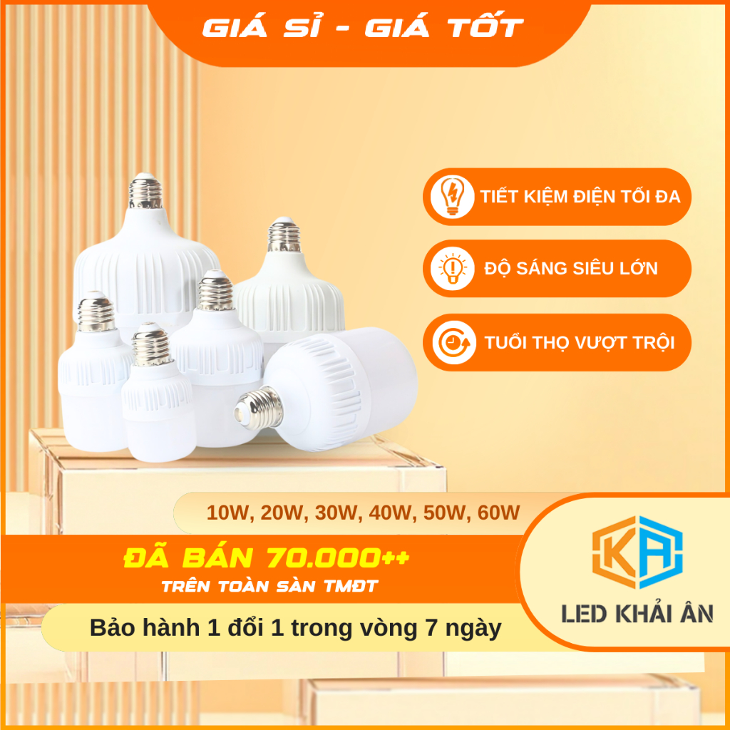Bóng Đèn Led Trụ 10W, 20W, 30W, 40W, 50W, 65W - Đèn Led Chống Nước, Tiết Kiệm Điện 90%, Bóng Đèn Led Siêu Sáng Khải Ân