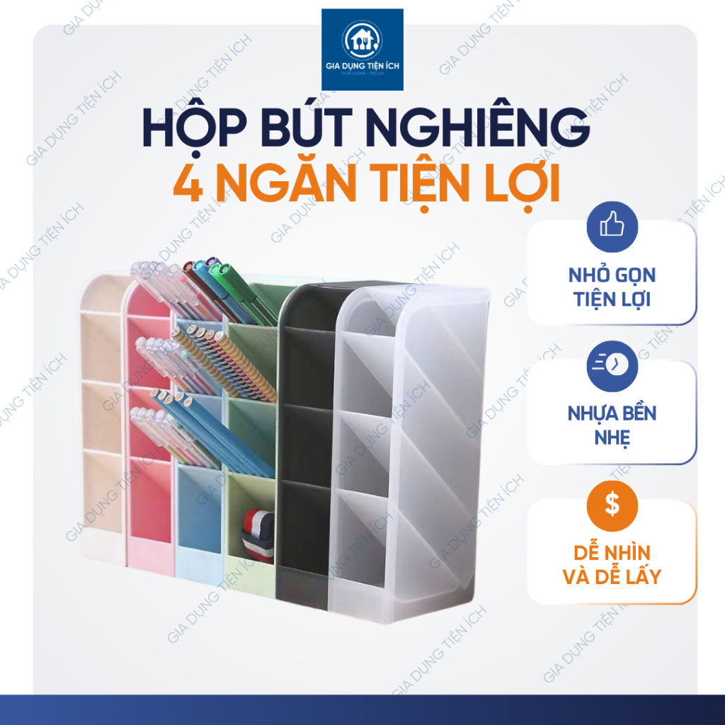 Hộp Bút Nghiêng 4 Ngăn Để Bàn | Khay Đựng Bút Nhựa Đa Năng, Giá Đựng Văn Phòng Phẩm