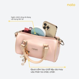 Túi đeo chéo da NATOLI, túi trống mini da chống nước nhiều ngăn thời trang BST Trendy Bowling Bag T37