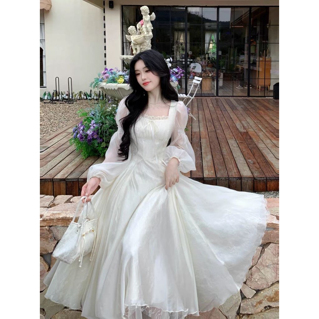 Đầm Dáng Dài Cổ Vuông Tay Bồng Chất Von Tơ Nhẹ Nhàng Thướt Tha Mặc Dự Tiệc Mặc Đi Chơi - [TLV26] Thiên Lý Fashion