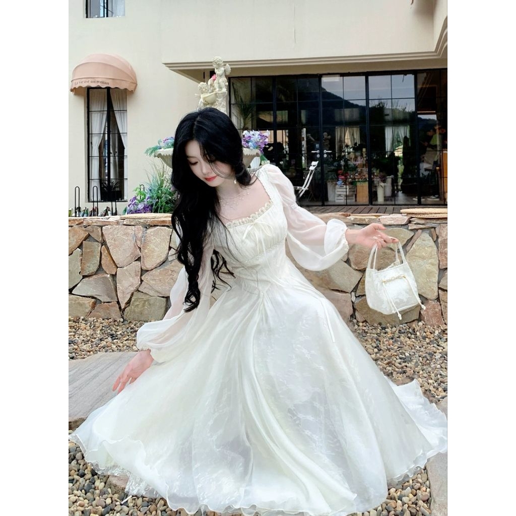 Đầm Dáng Dài Cổ Vuông Tay Bồng Chất Von Tơ Nhẹ Nhàng Thướt Tha Mặc Dự Tiệc Mặc Đi Chơi - [TLV26] Thiên Lý Fashion