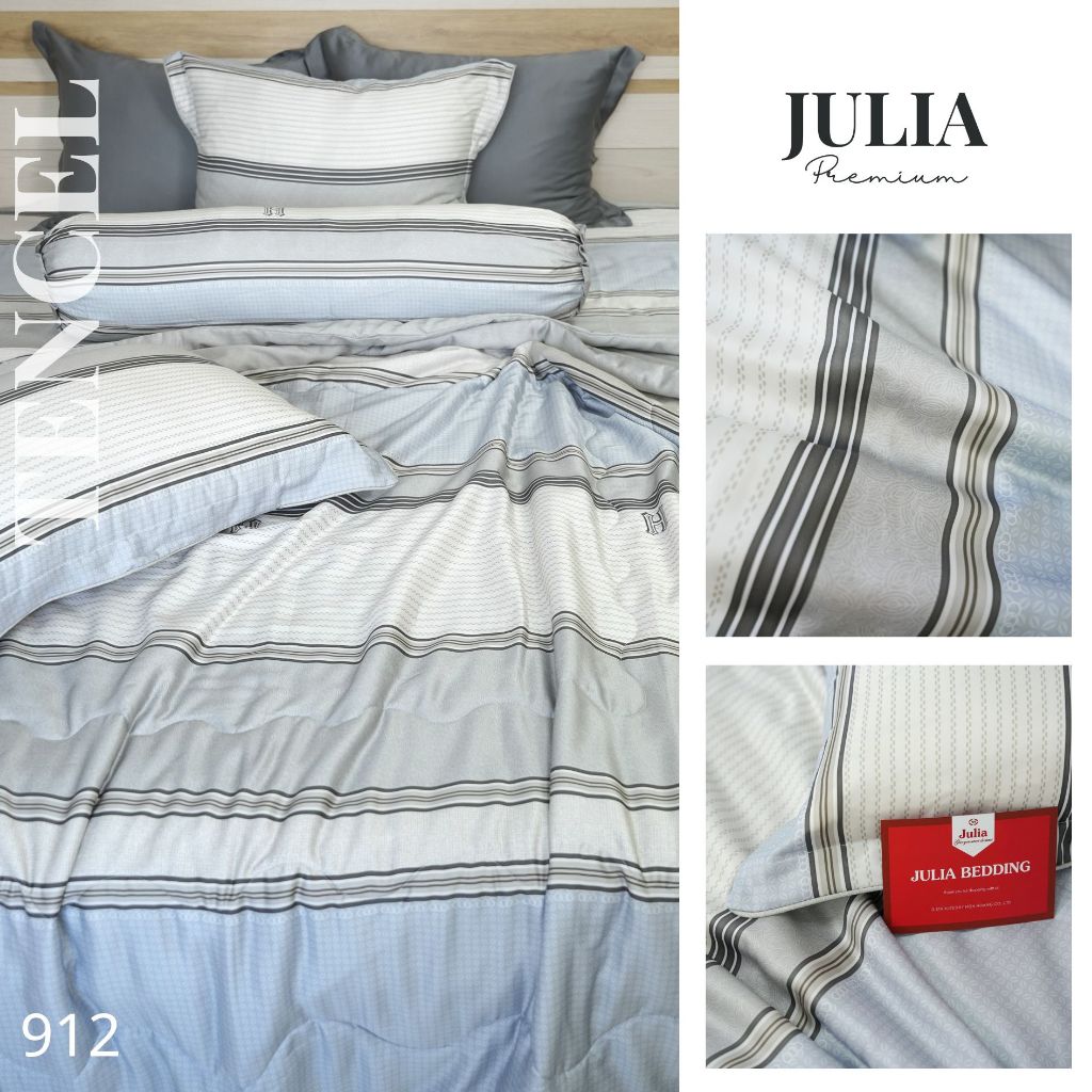 Bộ chăn ga gối ra giường lụa tencel sọc xanh xám - 100% từ gỗ sồi và thân cây bạch đàn siêu mềm mịn Hàn Quốc Julia 912