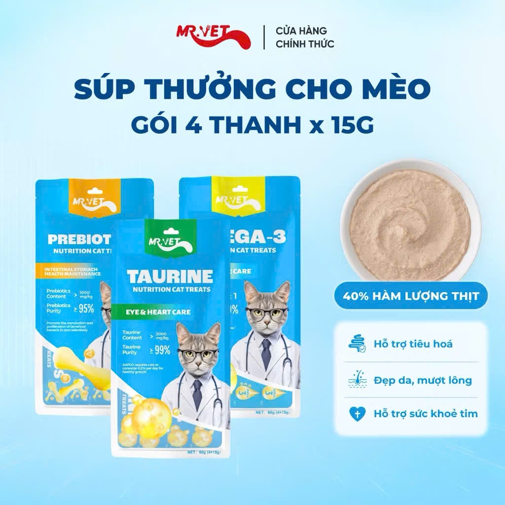 Súp Thưởng Cho Mèo MR.VET 4 Thanh – Snack Mèo Dạng Súp, Mềm Dễ Ăn, Bổ Sung Độ Ẩm, Cho Mèo Từ 4 Tháng