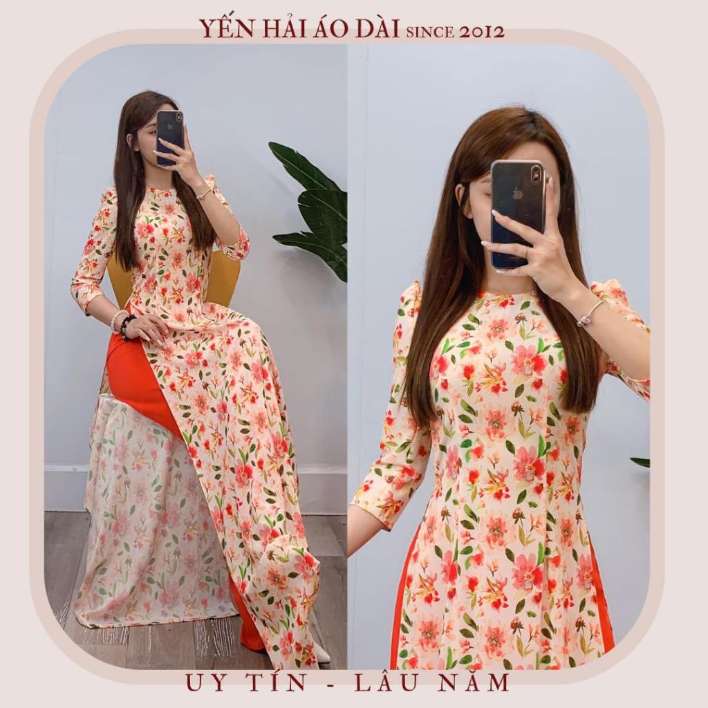 Áo dài truyền thống in hoa màu cam nền hồng chất lụa nhật co giãn-D1935