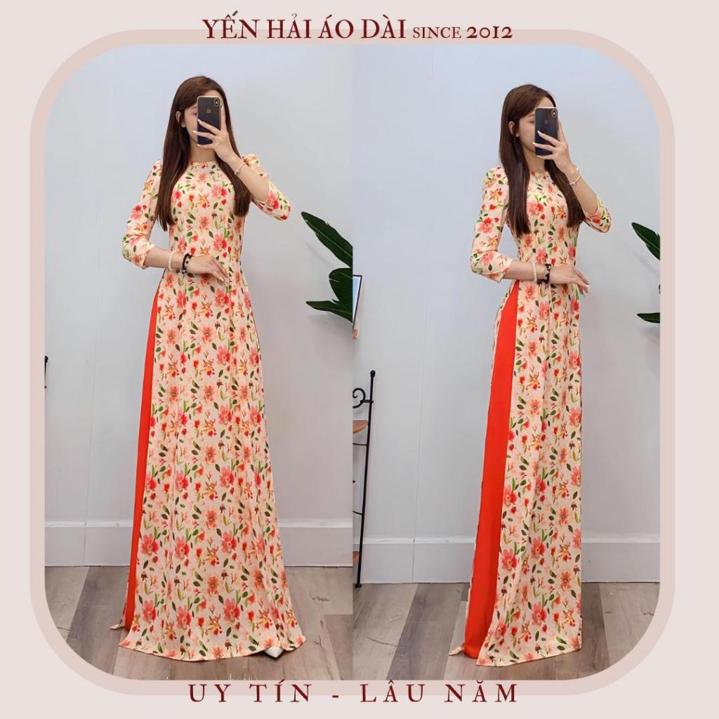 Áo dài truyền thống in hoa màu cam nền hồng chất lụa nhật co giãn-D1935
