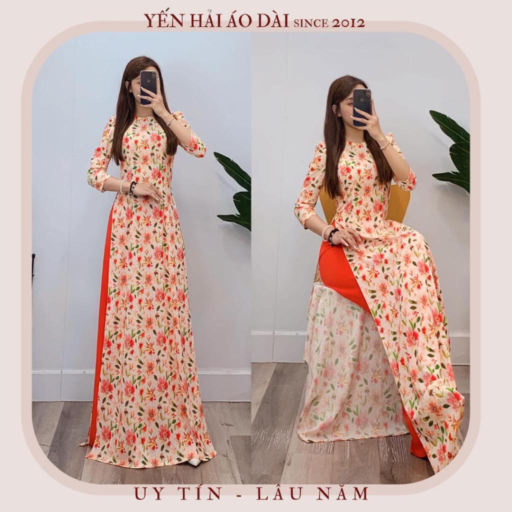 Áo dài truyền thống in hoa màu cam nền hồng chất lụa nhật co giãn-D1935