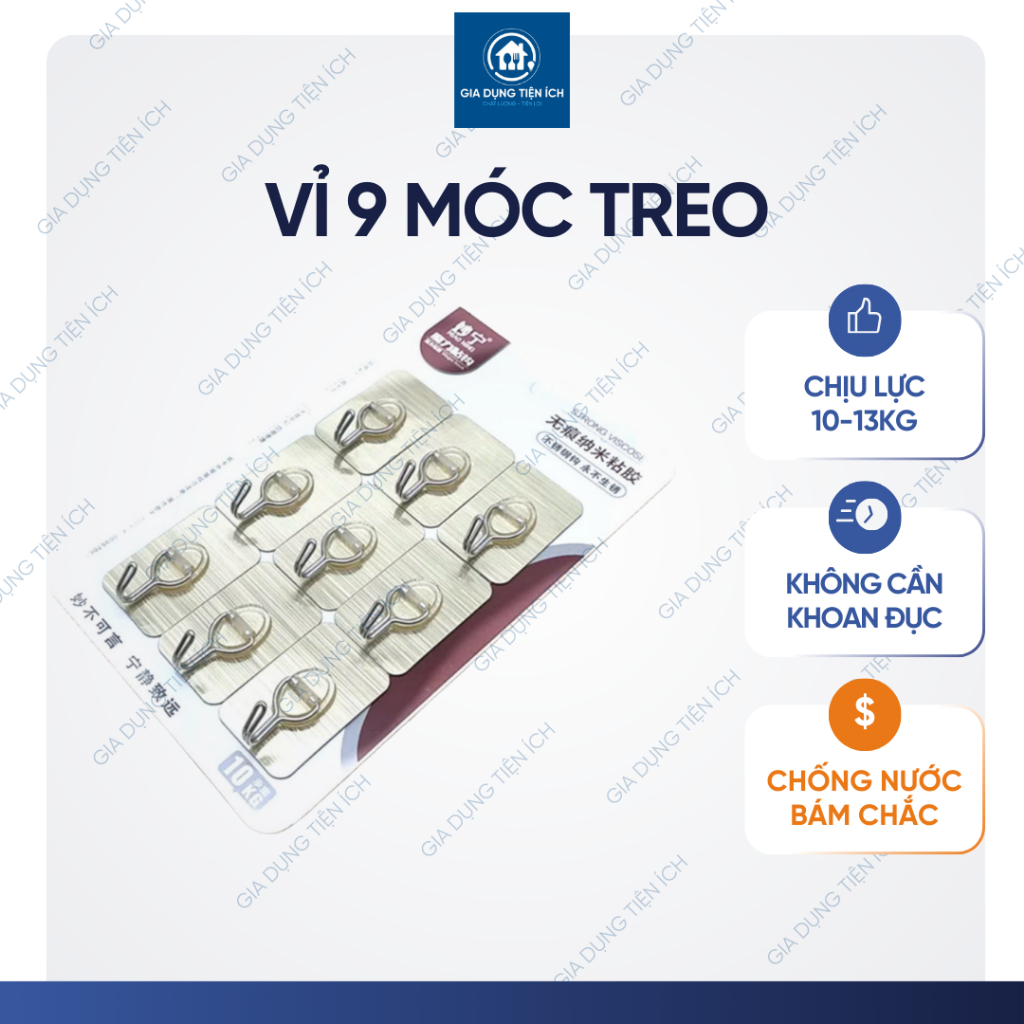Móc treo dán tường vỉ 9 móc siêu chắc móc dán không cần khoan treo đồ nhà tắm nhà bếp