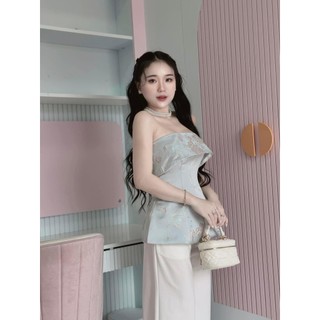 Màu Xanh Pastel - Áo Gấm Hoa Cách Điệu Dáng Quây Phong Cách Sang Trọng Trẻ Trung