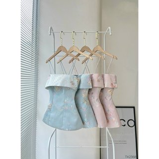 Màu Xanh Pastel - Áo Gấm Hoa Cách Điệu Dáng Quây Phong Cách Sang Trọng Trẻ Trung