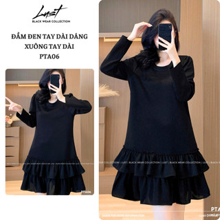 Đầm đen tay dài dáng xuông tay dài LUST Váy nữ xuông phối bèo tầng cực xinh chất umi cao cấp PTA06