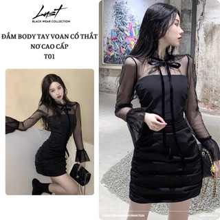 Đầm body tay voan cổ thắt nơ cao cấp LUST Váy lưới phối ren dài tay voan trơn ôm body tôn dáng T01