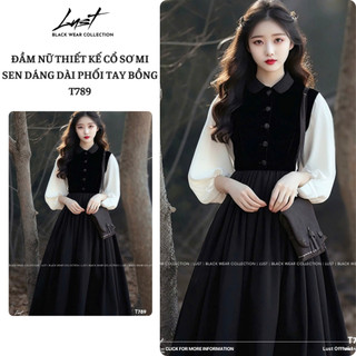 Đầm nữ thiết kế cổ sơ mi sen dáng dài phối tay bồng LUST Váy nữ đen chất liệu cao cấp dày dặn T789