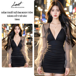 Đầm thiết kế ôm body tôn dáng  cổ V xẻ sâu LUST Váy body nữ dài tay umi phối voan cao cấp T844