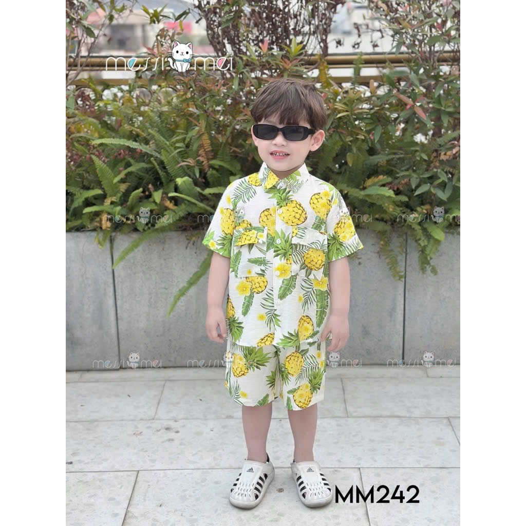 Set Đồ Đôi Bé Trai Bé Gái Đi Biển Chất Đũi Thoáng Mát, Váy + Dây Buộc Tóc Cho Bé Gái, Bộ bé trai Size 1-10y (8-40kg) MM