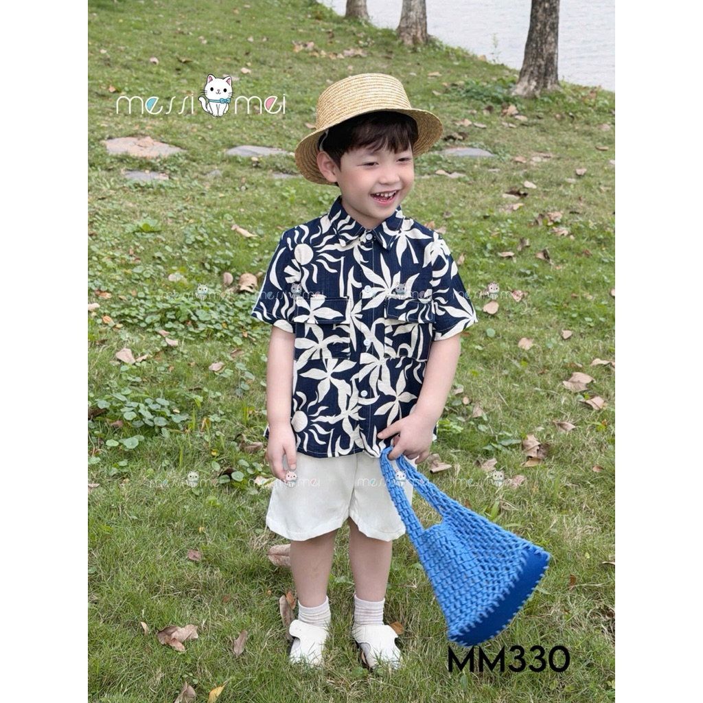 Set Đồ Đôi Bé Trai Bé Gái Đi Biển Chất Đũi Thoáng Mát, Váy + Dây Buộc Tóc Cho Bé Gái, Bộ bé trai Size 1-10y (8-40kg) MM