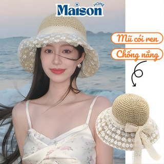 Mũ Cói Nữ Đi Biển MAISON Nón Vành Rộng Ren Hoa, Phong Cách Vintage Ngọt Ngào