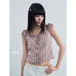 𝐃𝐨𝐧𝐧𝐚 𝐓𝐨𝐩 - Áo kiểu caro nữ phối viền trắng nhien.official NAS00046