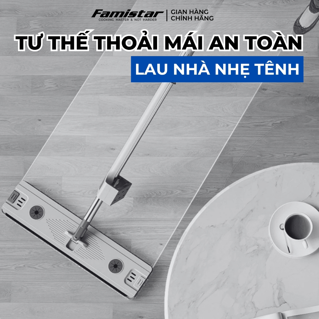 Cây lau nhà tự vắt khô 80% FAMISTAR, xoay 360 độ bản lau 45cm có đầu gạt nước tặng kèm 2 bông lau