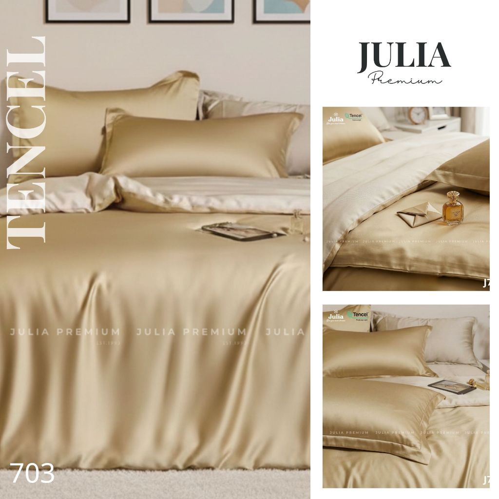 Bộ chăn ga gối ra giường lụa tencel màu trơn gỗ sồi màu nâu vàng phối kem cao cấp Hàn Quốc Julia 703