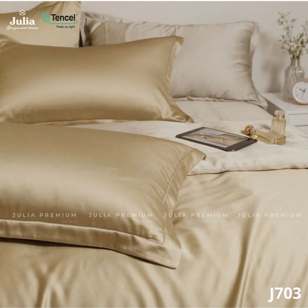 Bộ chăn ga gối ra giường lụa tencel màu trơn gỗ sồi màu nâu vàng phối kem cao cấp Hàn Quốc Julia 703