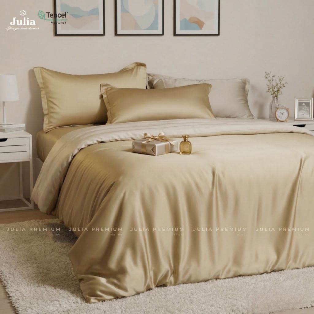 Bộ chăn ga gối ra giường lụa tencel màu trơn gỗ sồi màu nâu vàng phối kem cao cấp Hàn Quốc Julia 703