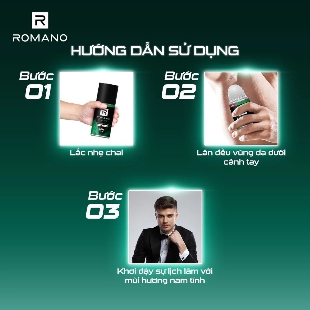[Tặng Sữa rửa mặt 25g] Combo 2 Lăn khử mùi Romano Khử mùi vượt trội, Hương nam tính suốt 48H ( 50ml x 2 )