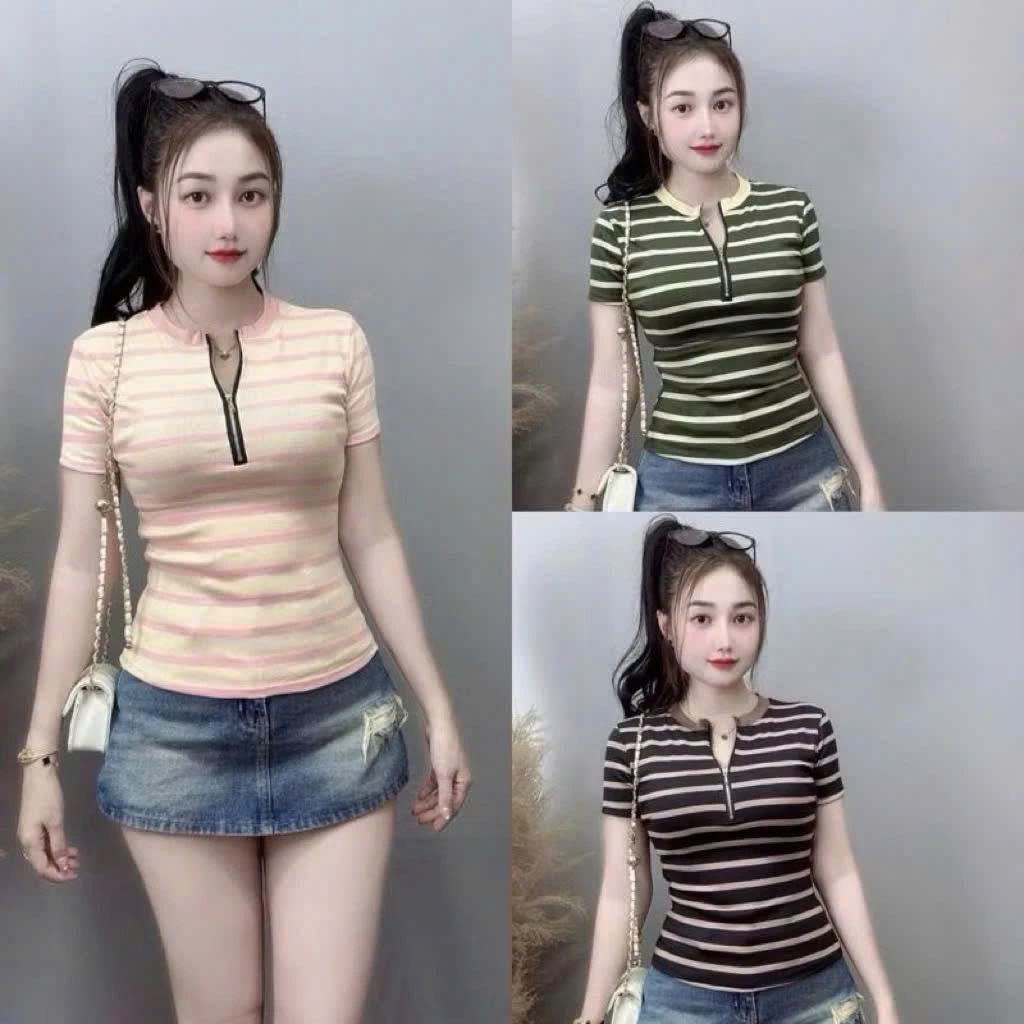 Áo Thun Nữ Bigsize Cổ Tròn Tay Ngắn Kẻ Sọc Thiết Kế Dây Khóa Kéo - Chất Cotton Mềm Mát ESHOP MS534