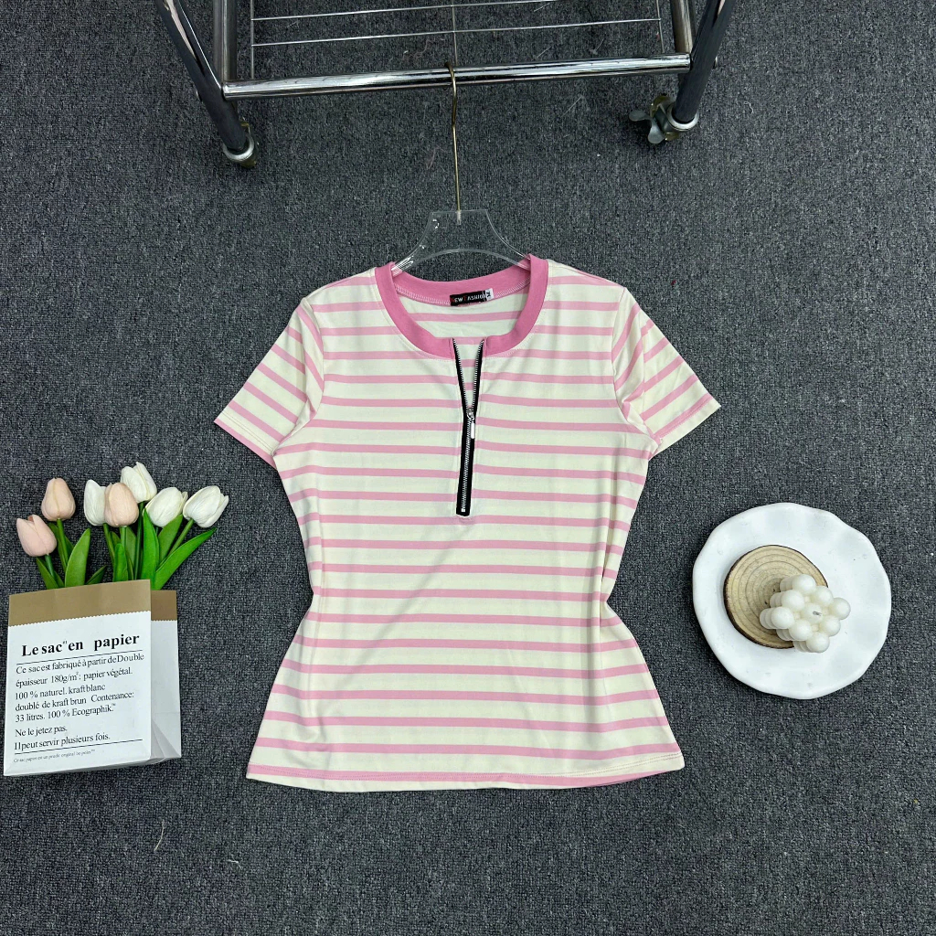 Áo Thun Nữ Bigsize Cổ Tròn Tay Ngắn Kẻ Sọc Thiết Kế Dây Khóa Kéo - Chất Cotton Mềm Mát ESHOP MS534