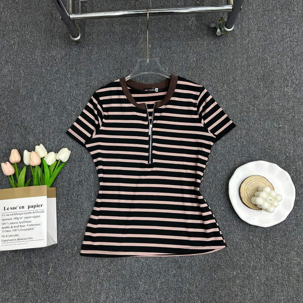 Áo Thun Nữ Bigsize Cổ Tròn Tay Ngắn Kẻ Sọc Thiết Kế Dây Khóa Kéo - Chất Cotton Mềm Mát ESHOP MS534