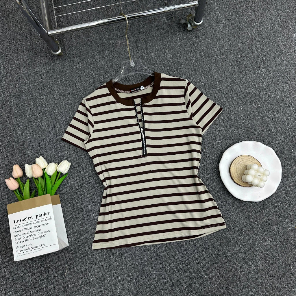 Áo Thun Nữ Bigsize Cổ Tròn Tay Ngắn Kẻ Sọc Thiết Kế Dây Khóa Kéo - Chất Cotton Mềm Mát ESHOP MS534