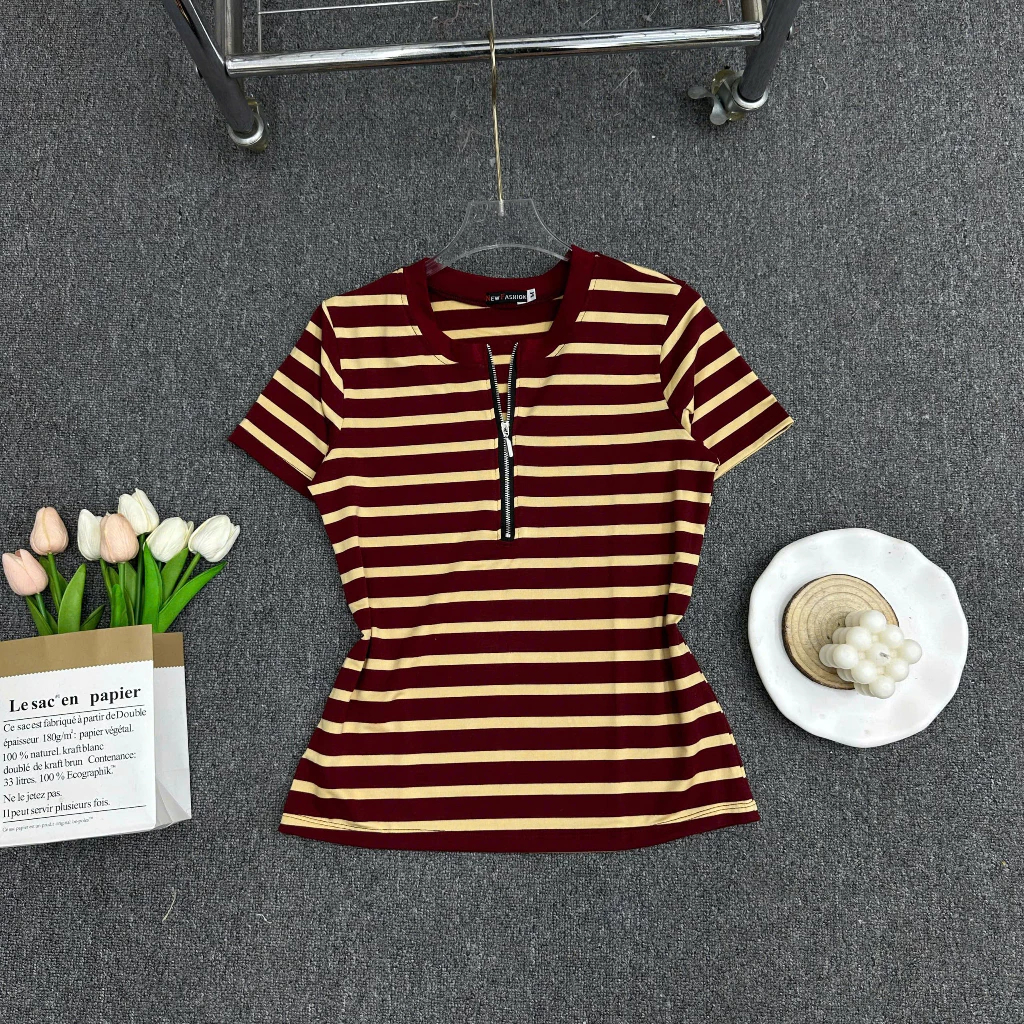Áo Thun Nữ Bigsize Cổ Tròn Tay Ngắn Kẻ Sọc Thiết Kế Dây Khóa Kéo - Chất Cotton Mềm Mát ESHOP MS534