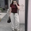 Sét Đồ Nữ Áo Thun Babytee Đỏ Form Ôm Phối Quần Suông Xám Cạp Chun Đen,Đỏ Cá Tính Full Size