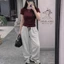 Sét Đồ Nữ Áo Thun Babytee Đỏ Form Ôm Phối Quần Suông Xám Cạp Chun Đen,Đỏ Cá Tính Full Size