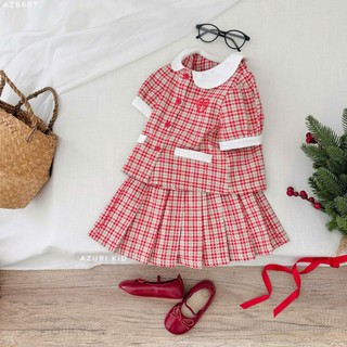 Set Váy Bé Gái Áo Cổ Sen Thêu & Chân Váy Xếp Ly AZB607 Đỏ