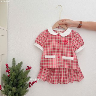 Set Váy Bé Gái Áo Cổ Sen Thêu & Chân Váy Xếp Ly AZB607 Đỏ
