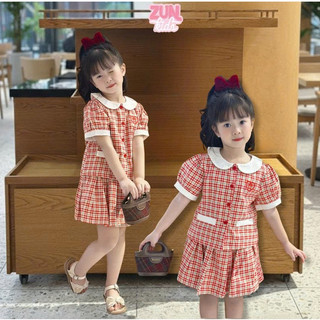 Set Váy Bé Gái Áo Cổ Sen Thêu & Chân Váy Xếp Ly AZB607 Đỏ