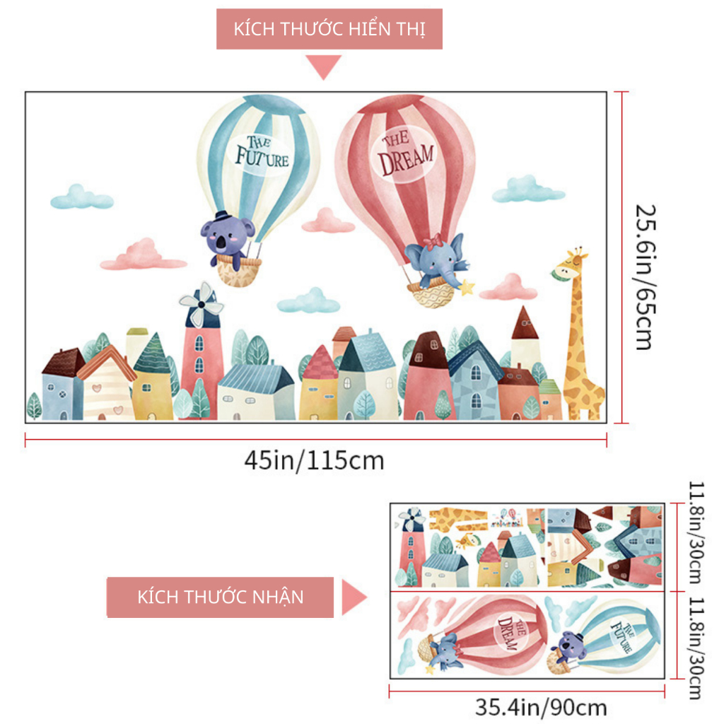 Decal Dán Tường Khinh Khí Cầu Động Vật Dễ Thương Có Keo Sẵn 115x65cm - Trang Trí Phòng Ngủ Cho Bé
