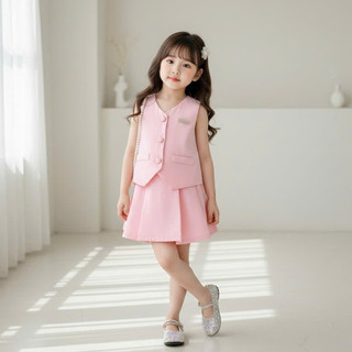 Set Váy Bé Gái Áo Ghile Vest & Chân Váy Xếp Ly AZB615- Hồng