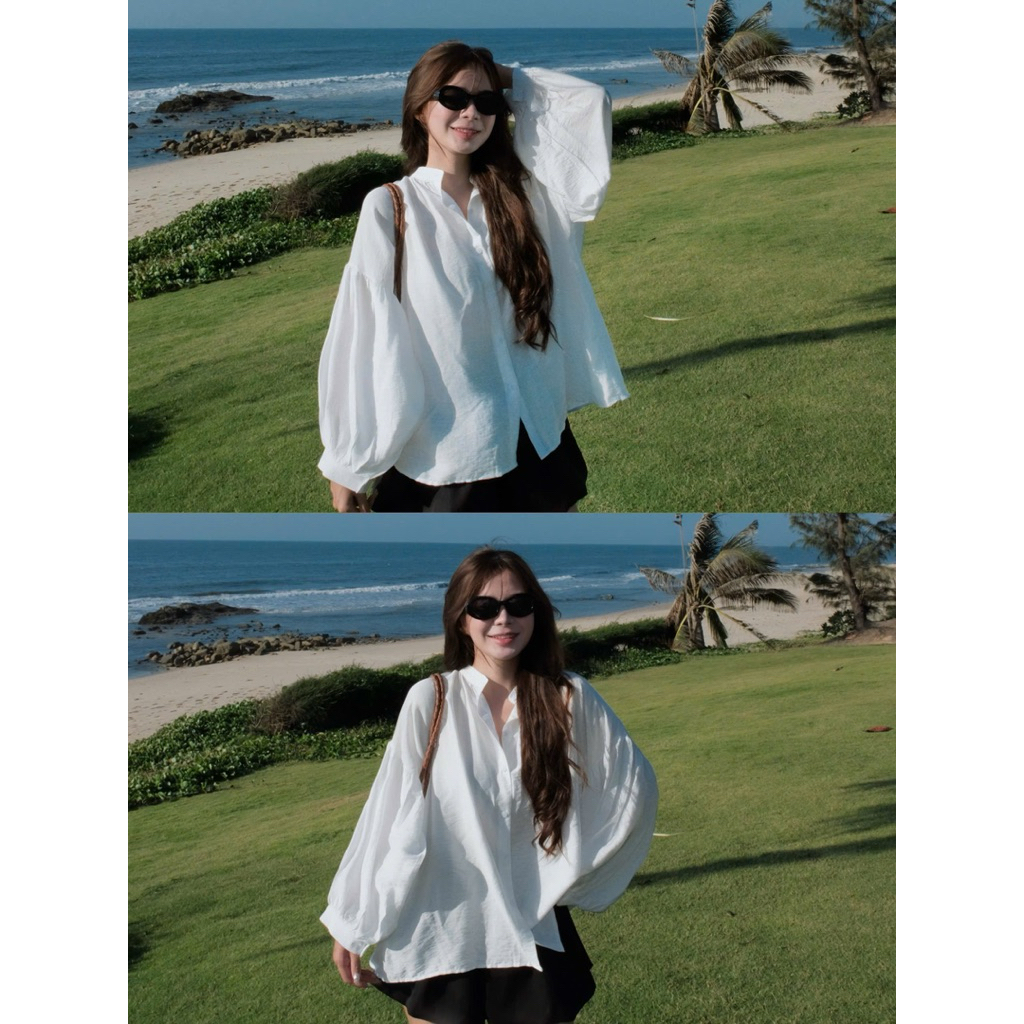 (Còn đen) Áo đũi tơ sơ mi dáng rộng babydoll 4135 Nữ the.sweaterweather TSW