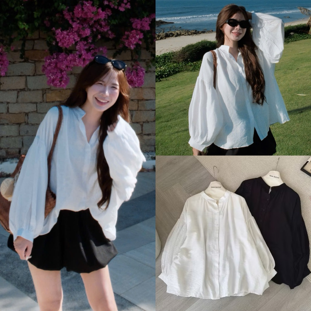(Còn đen) Áo đũi tơ sơ mi dáng rộng babydoll 4135 Nữ the.sweaterweather TSW