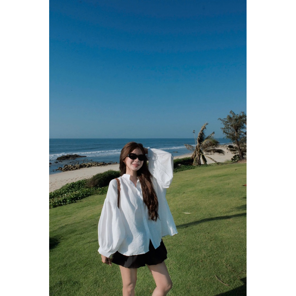 (Còn đen) Áo đũi tơ sơ mi dáng rộng babydoll 4135 Nữ the.sweaterweather TSW