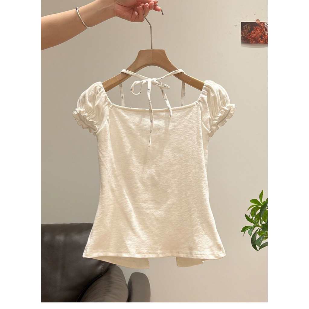 Set Áo Babydoll Cổ Yếm Dây Nơ Ống Tay Bo Tiểu Thư❤️(order 7-15n)