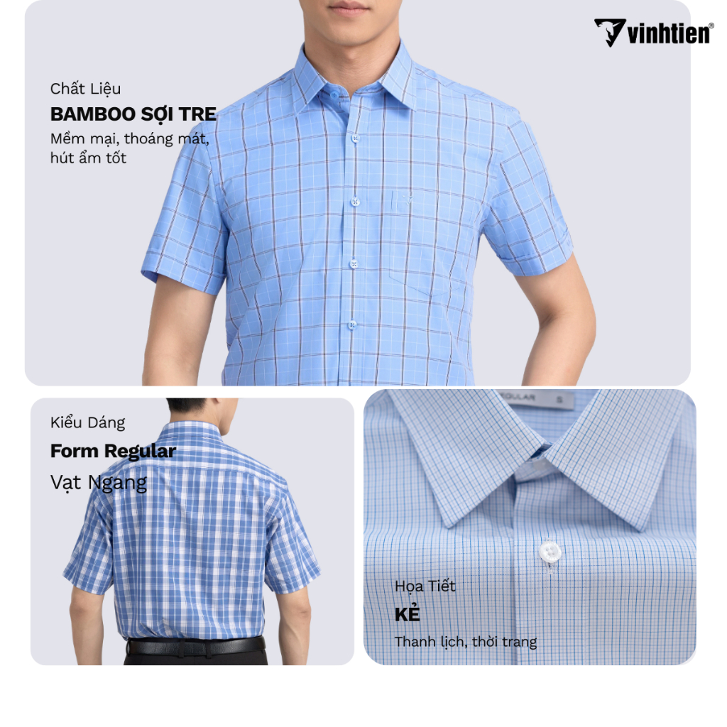 Áo Sơ Mi Nam Ngắn Tay Vĩnh Tiến 415 - Vải Kẻ Bamboo Vạt Ngang Form Regular