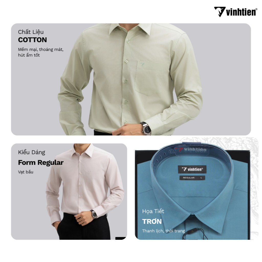 Áo Sơ Mi Nam Dài Tay Trơn Màu Vạt Bầu Form Regular Vĩnh Tiến 399 - Nhiều Màu