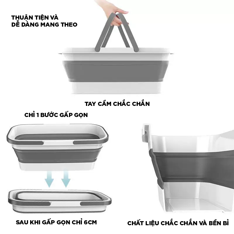 Xô đựng nước gấp gọn đa năng có bánh xe chậu gấp gọn có quai xách tiện lợi dùng cho giặt cây lau nhà 12L SOJIMOP