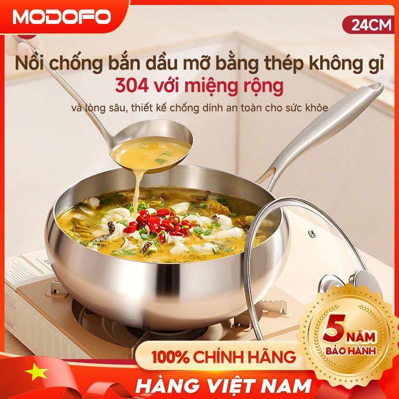 MODOFO Chảo Inox 304 Sâu 11cm Lòng Chảo Chống Dính Tự Thân Đa Đáy Dùng Cho Mọi Loại Bếp 24cm, kèm 1 nắp vung